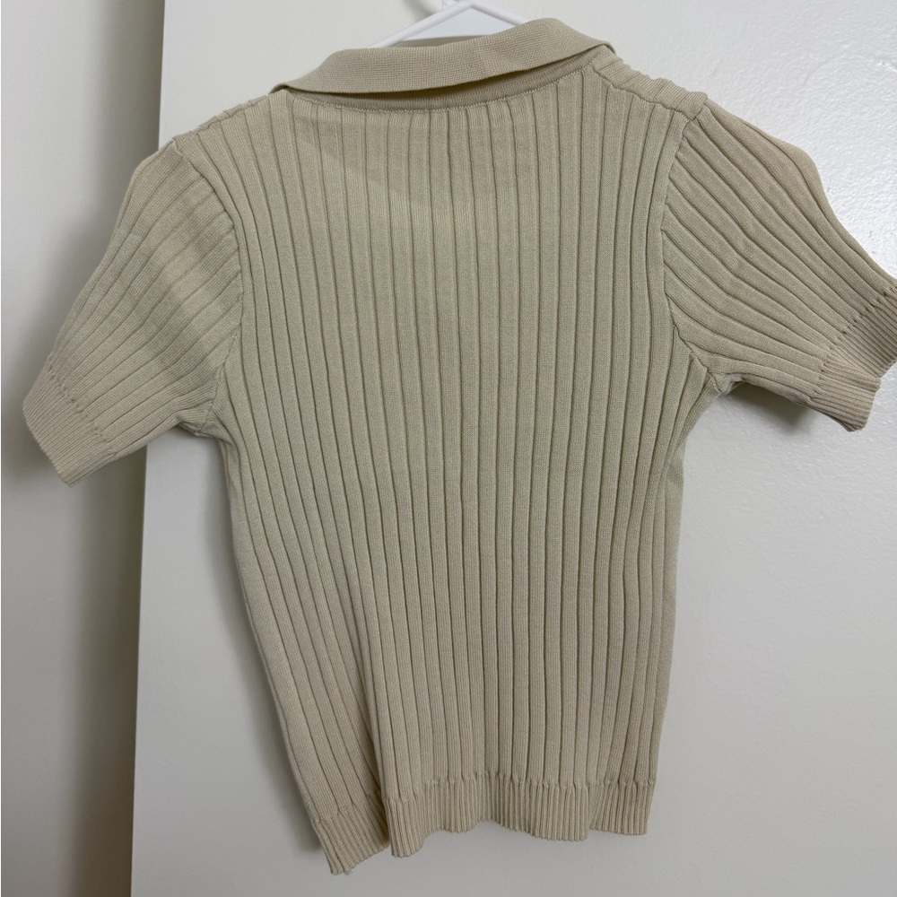 YesStyle Ribbed Knit Collared Tee - Beige - Picture 2 of 2